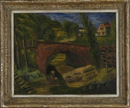 Appraisal: Jennings Tofel - Landscape with Bridge and Seated Figure Oil