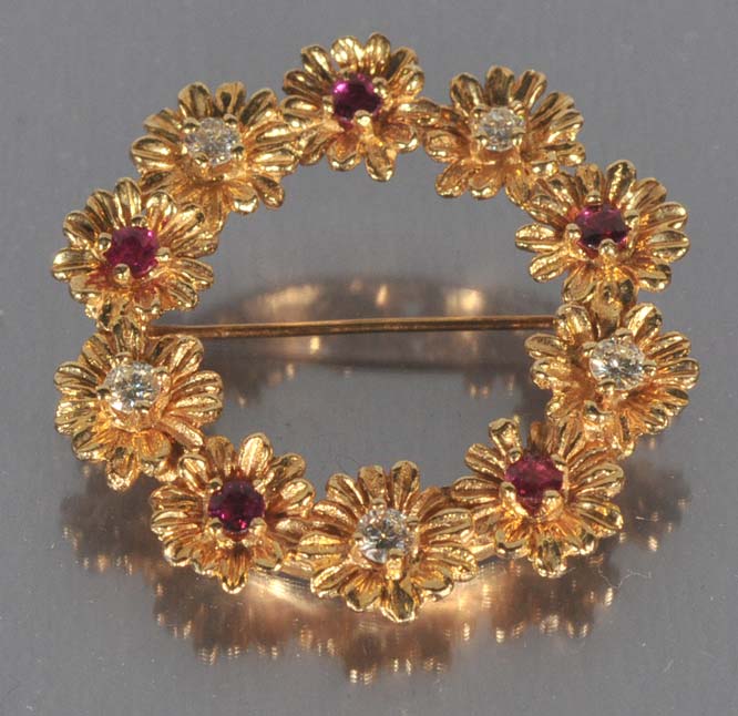 Appraisal: Tiffany Style k Gold Wreath Pin with diamonds and rubies