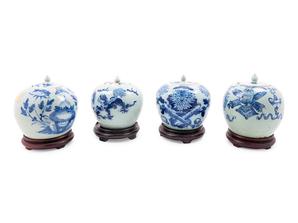 Appraisal: Four Chinese Celadon Ground Blue and White Porcelain Ginger Jars