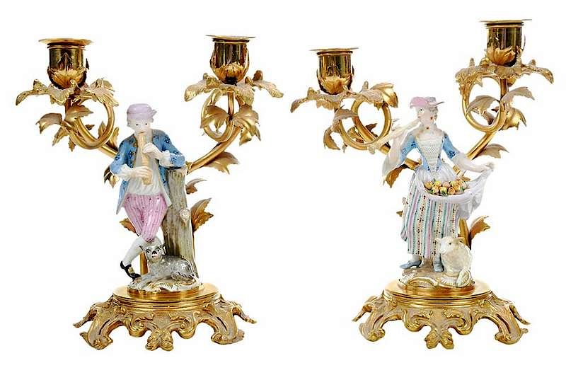 Appraisal: Pair of Porcelain Figure Mounted Candelabras Continental late th early