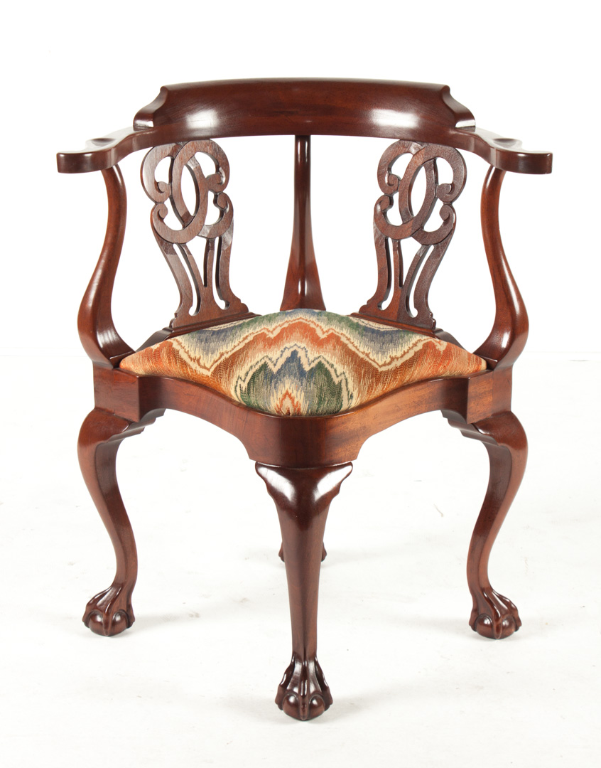 Appraisal: Chippendale style mahogany corner chair upholstered slip seat in H