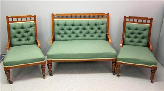 Appraisal: Edwardian walnut and boxwood strung three piece button back nursery