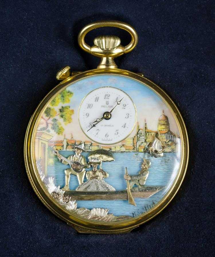 Appraisal: REUGE SWISS AUTOMATED MUSICAL POCKET WATCH having pictorial dial with