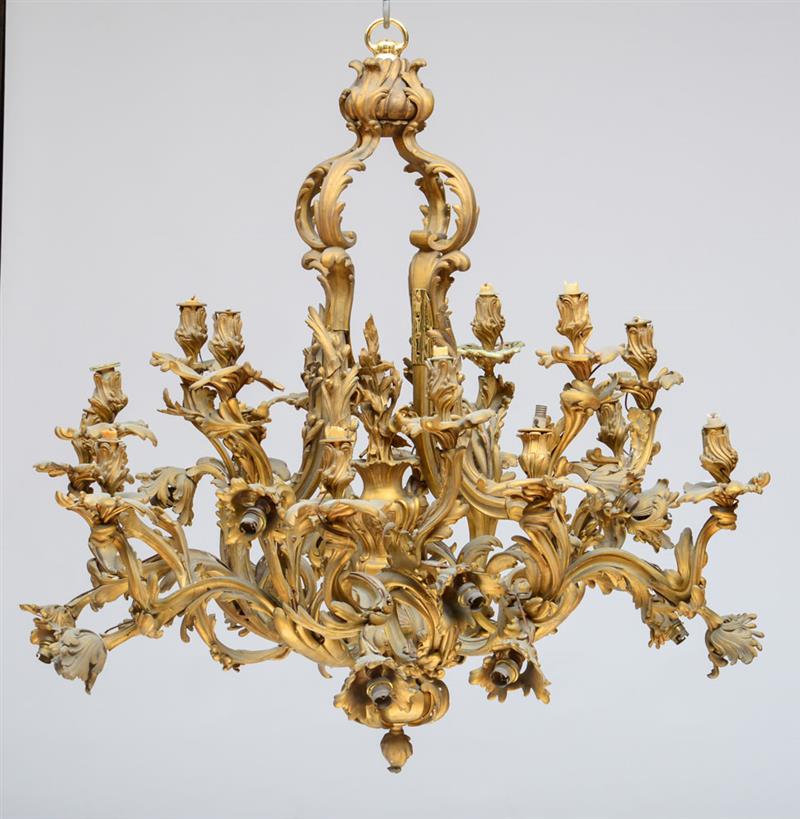 Appraisal: PAIR OF LARGE LOUIS XV STYLE GILT-BRONZE SEVENTEEN-LIGHT CHANDELIERS Each