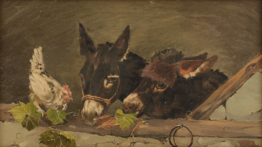 Appraisal: FINE ITALIAN PAINTING OF DONKEYS AND CHICKEN Oil Canvas illegibly