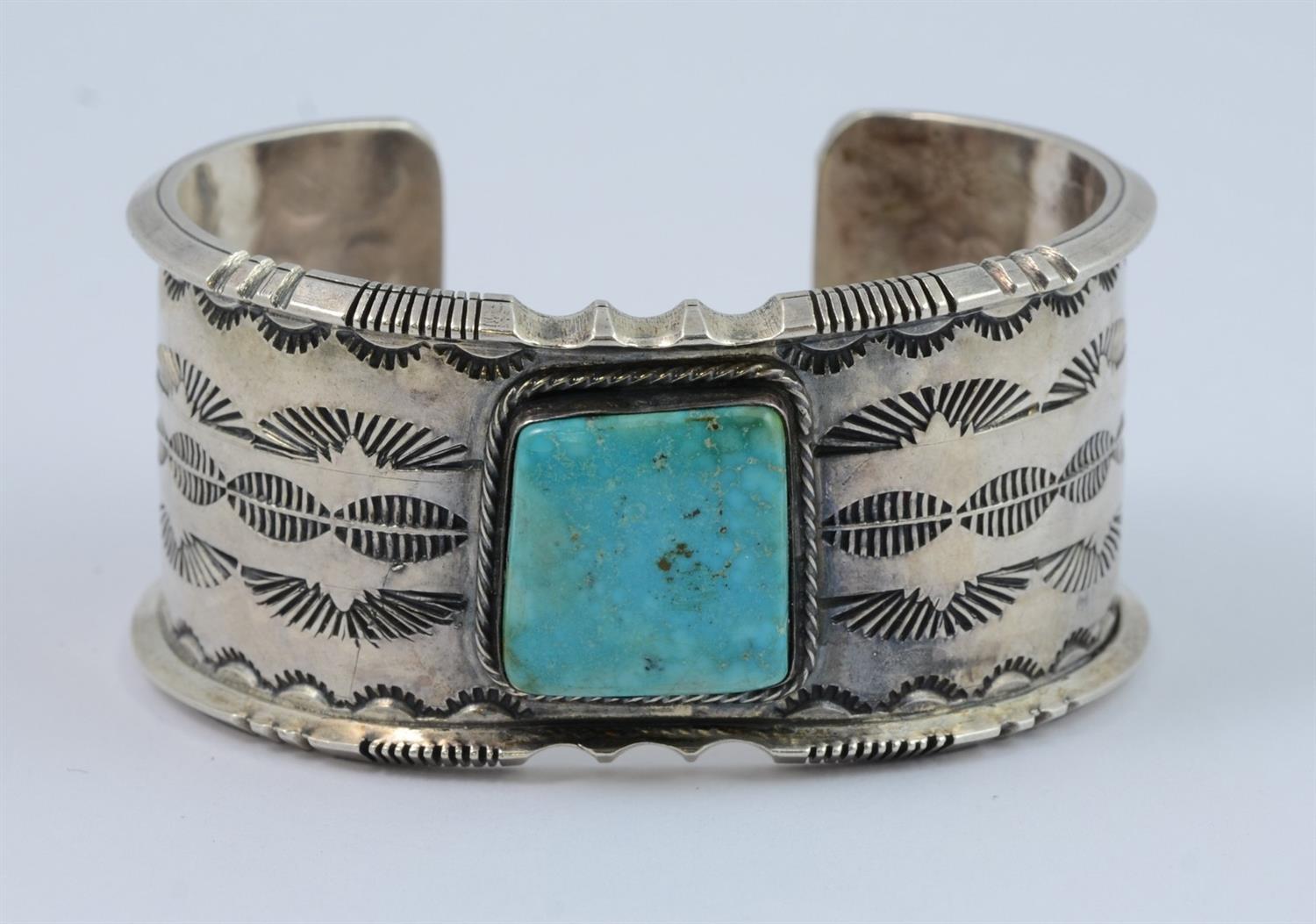 Appraisal: Navajo sterling stampwork cuff bracelet square turquoise center stone -