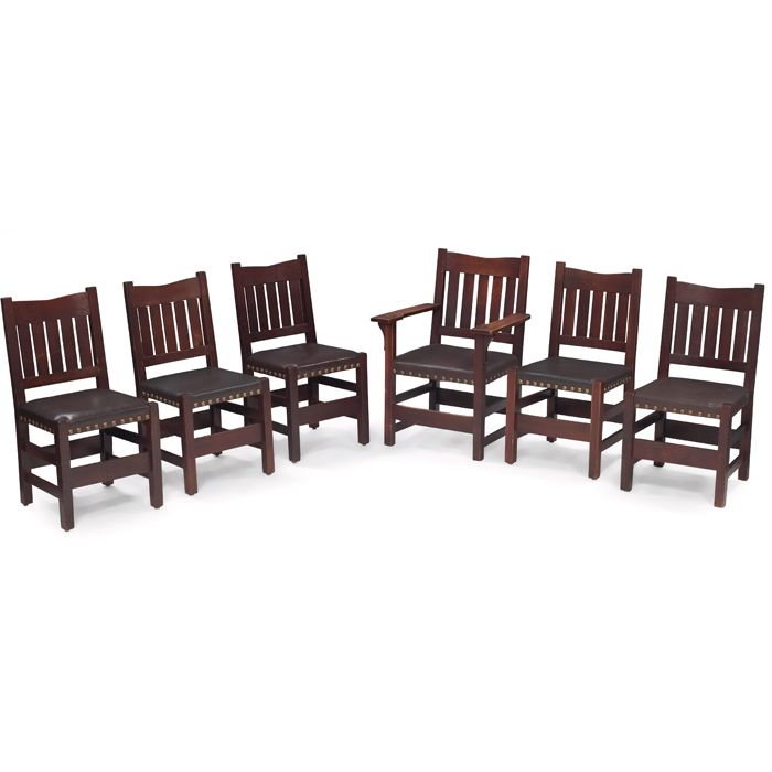 Appraisal: Gustav Stickley dining chairs set of six one armchair and