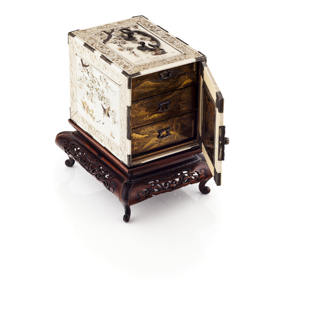 Appraisal: YFINE JAPANESE IVORY AND SHIBYAMA BOX AND STAND MEIJI PERIOD