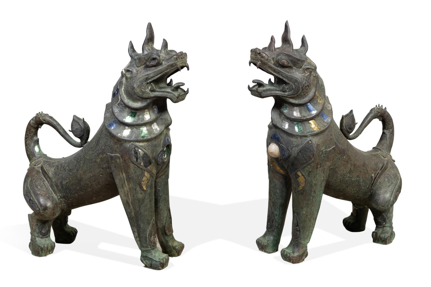 Appraisal: PAIR LARGE BRONZE GUARDIAN LIONS WITH GLASS TILES Pair of