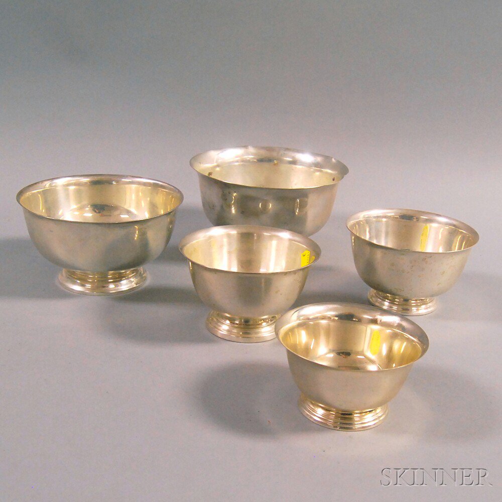 Appraisal: Five Graduated Revere-type Footed Sterling Silver Bowls one Exemplar Paul