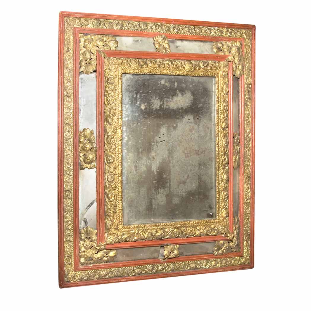 Appraisal: Spanish Baroque Style Brass Mounted Mirror Height inches width inches