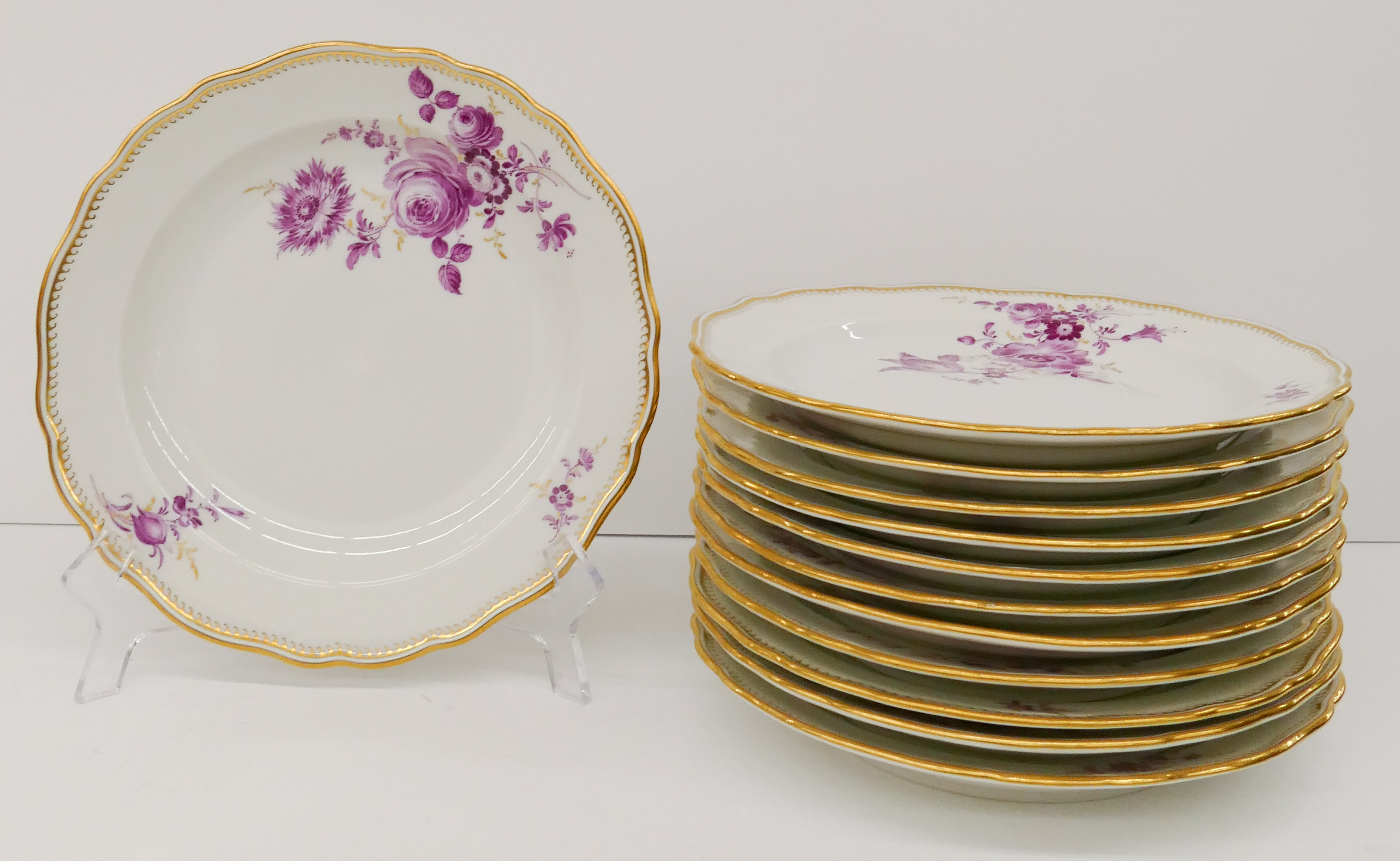 Appraisal: pc Meissen Pink Flower Porcelain Luncheon Plates Gilt decoration and