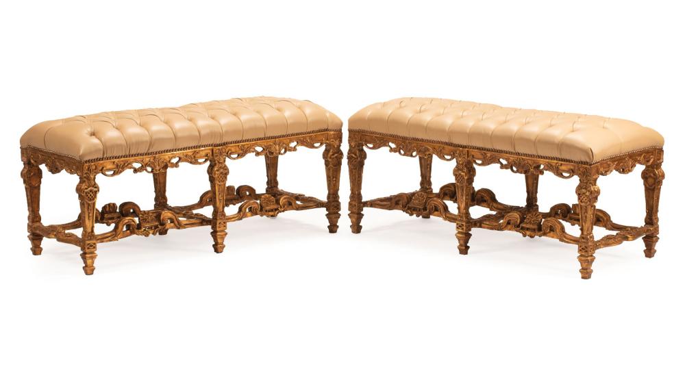 Appraisal: Pair of Louis XIV-Style Carved Giltwood Benches tufted leather top