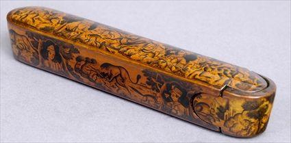 Appraisal: PERSIAN LACQUER PEN BOX WITH HUNT SCENES The sliding case