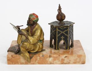 Appraisal: Orientalist cold painted bronze figural inkwell Orientalist cold painted bronze