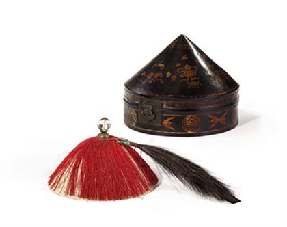 Appraisal: Chinese black and gold lacquered hatbox hat and plume qing