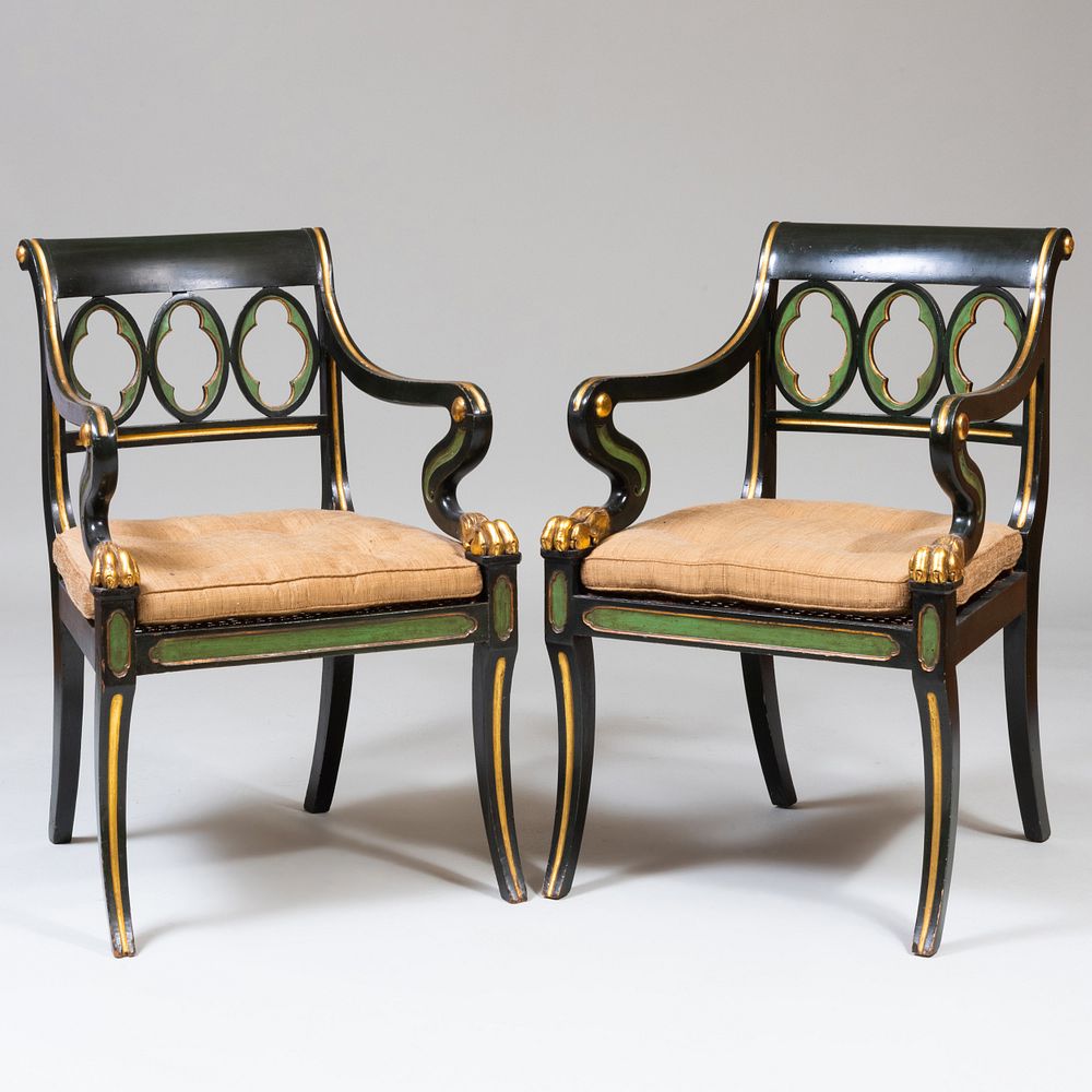 Appraisal: Pair of Regency Style Green Painted and Parcel-Gilt Armchairs One