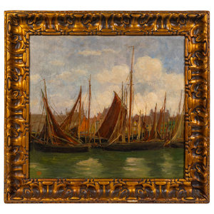 Appraisal: Raymond Woog French - Sailing Vessels in a Harbor Townscape