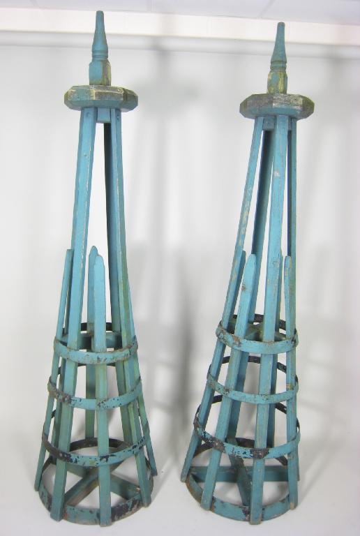 Appraisal: Pair of blue painted metal bound wooden slatted Garden Pyramid