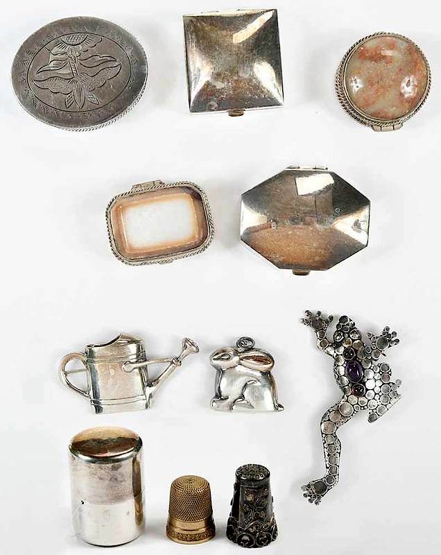 Appraisal: Silver Boxes Thimbles and Jewelry including four silver boxes two