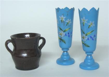 Appraisal: A pair of Bristol vases and twin handled pot with