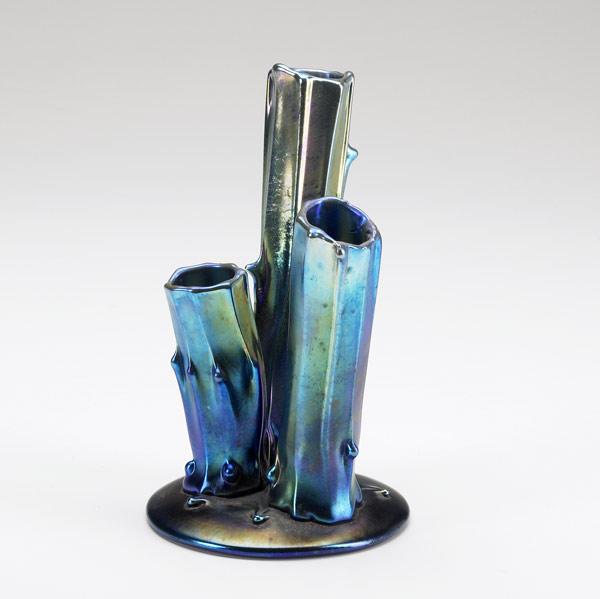 Appraisal: STEUBEN Attr Blue Aurene triple-trunk bud vase Etched Aurene