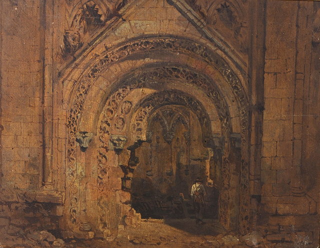 Appraisal: ATTRIBUTED TO SAMUEL PROUT - A cathedral archway oils on