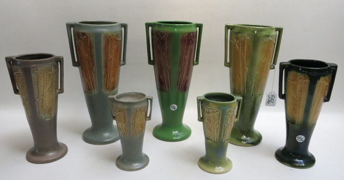 Appraisal: SEVEN RED WING POTTERY VASES in the Woodland Forest pattern