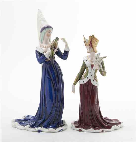 Appraisal: Two Continental Porcelain Figures each depicting a lady in Medieval