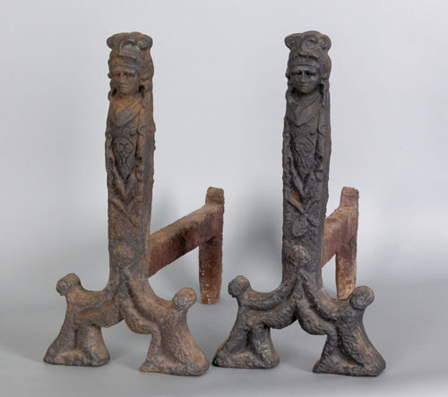 Appraisal: Pair of cast iron Native American form andirons th c