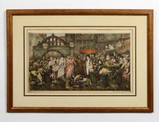 Appraisal: ANTIQUE HAND COLORED COPPER ENGRAVING WITH AQUATINT Depicting a Jewish