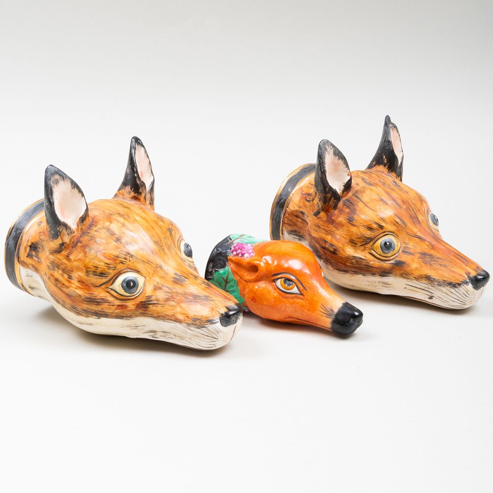 Appraisal: Group of Three Porcelain Fox Head Stirrup Cups Comprising A