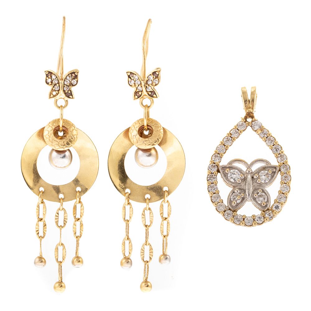 Appraisal: A Butterfly Pendant Dangle Earrings in Gold K yellow gold