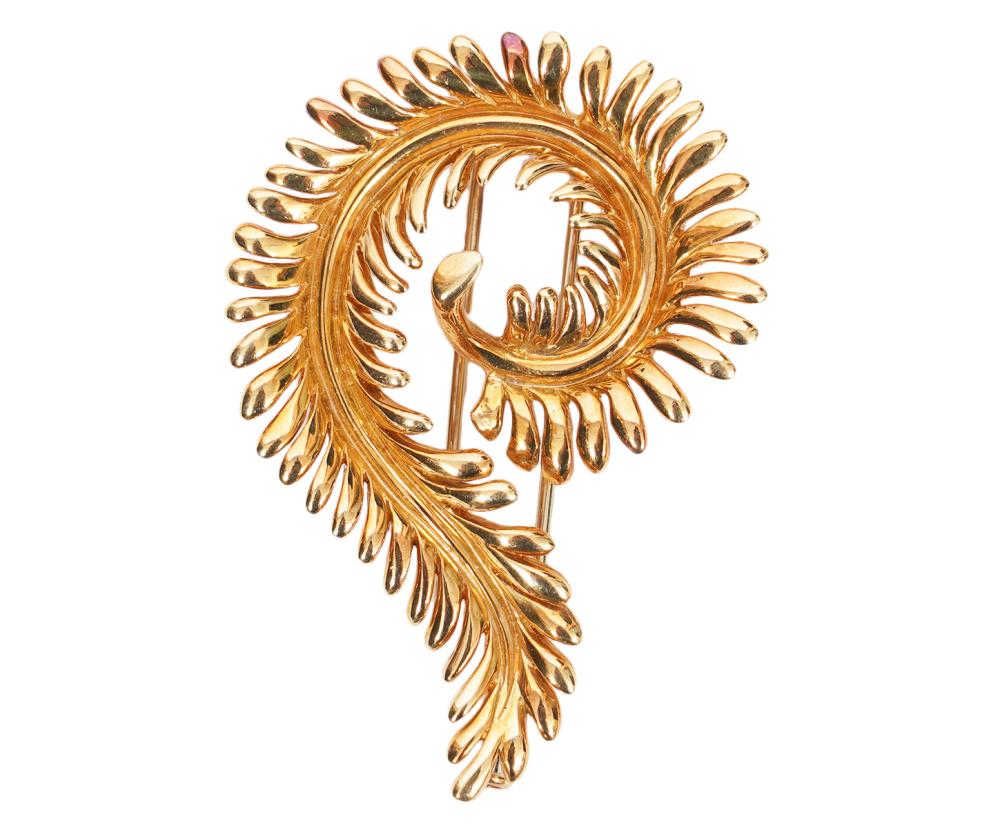 Appraisal: TIFFANY CO SCHLUMBERGER GOLD FEATHER BROOCH K yellow gold Tiffany