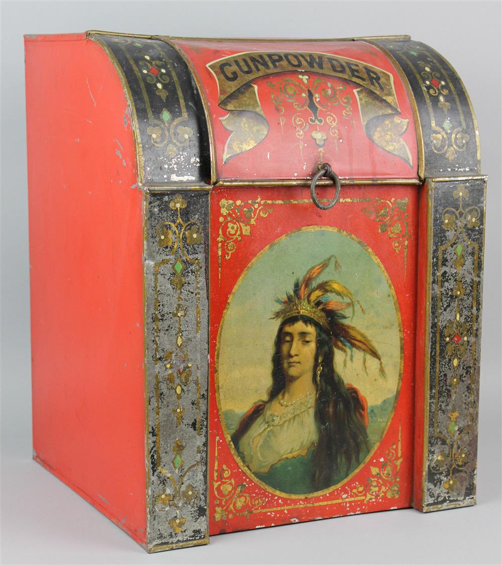 Appraisal: POLYCHROME DECORATED TIN GUNPOWDER TEA BIN late th Century having