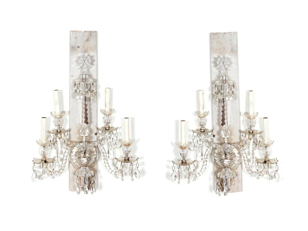 Appraisal: A Pair of Cut Crystal Four-Light Wall Sconces Height inches