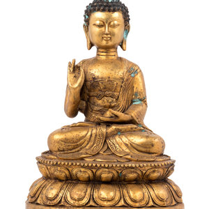 Appraisal: A Gilt Bronze Seated Buddha Figure on Lotus Flower Base