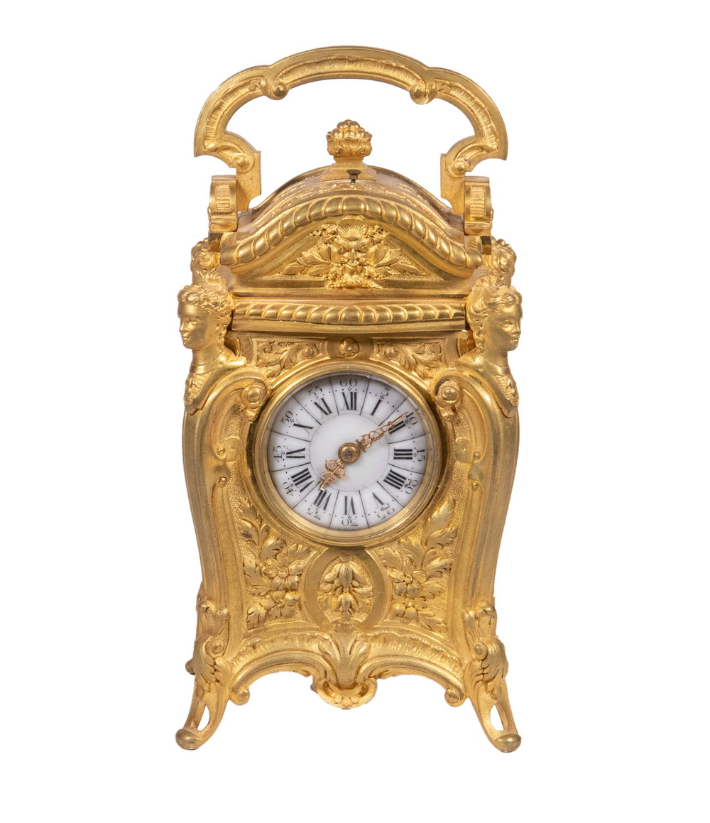 Appraisal: FRENCH AIGUILLES CARRIAGE CLOCK WITH REPEATER th c Rococo Gilded