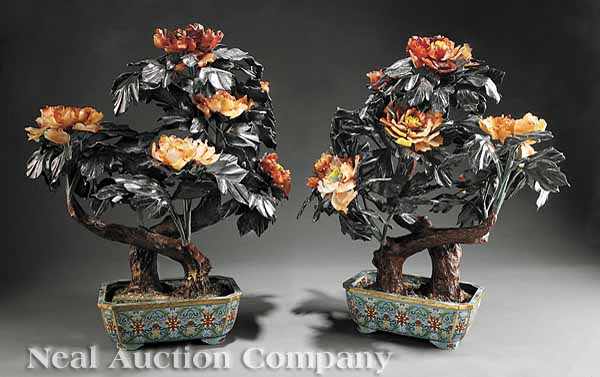 Appraisal: A Large Pair of Chinese Carved Hardstone Mineral Trees Set