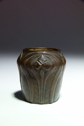 Appraisal: VAN BRIGGLE Rare copper-clad cabinet vase with full-height stylized trefoils