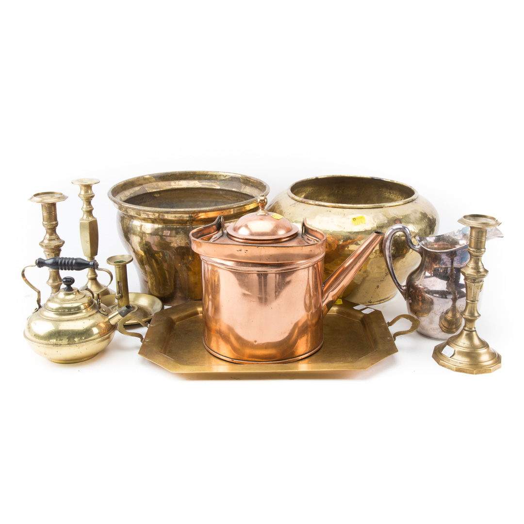 Appraisal: assorted metal objects brass items including planters candlesticks chamberstick tea