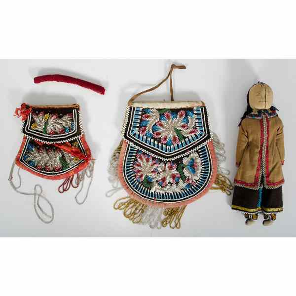 Appraisal: Iroquois Beaded Pouches and Corn Husk Doll Deaccessioned from the