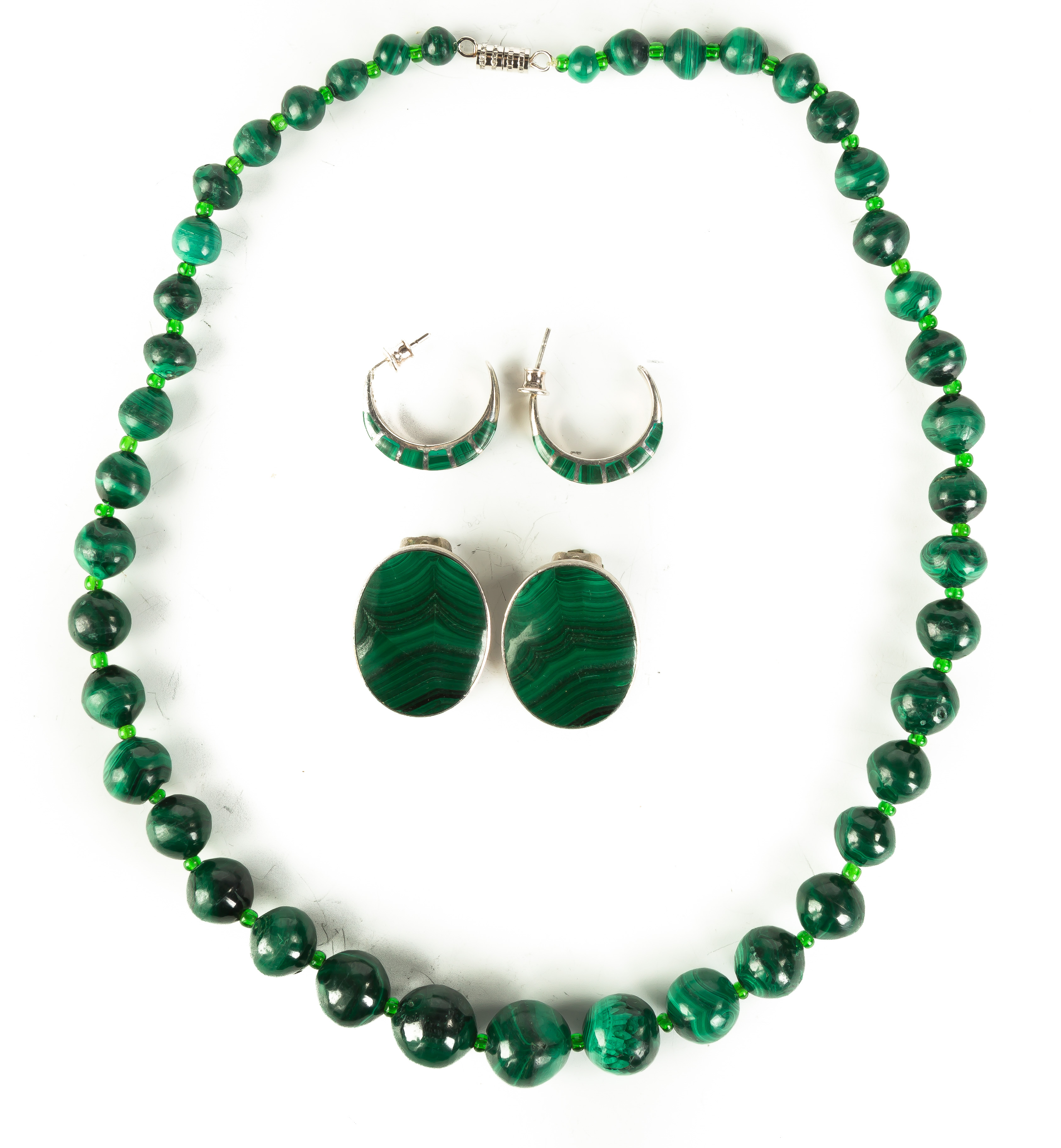 Appraisal: Malachite Necklace with Two Pair of Earrings