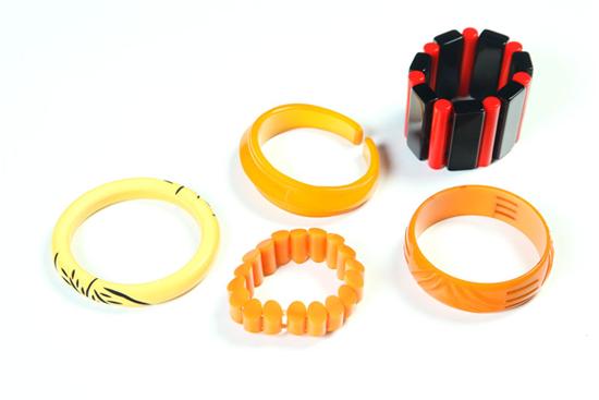 Appraisal: FIVE EARLY PLASTIC BRACELETS American Ca - Most is bakelite