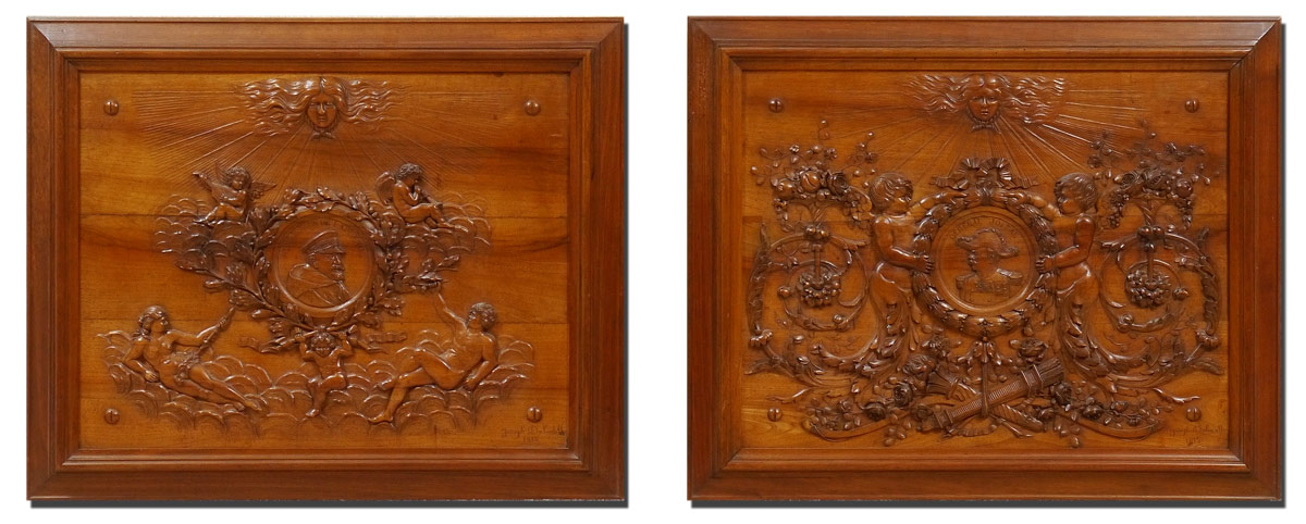 Appraisal: PAIR FRENCH CARVED WOOD MILITARY PLAQUES Both signed Joseph Dalmotte