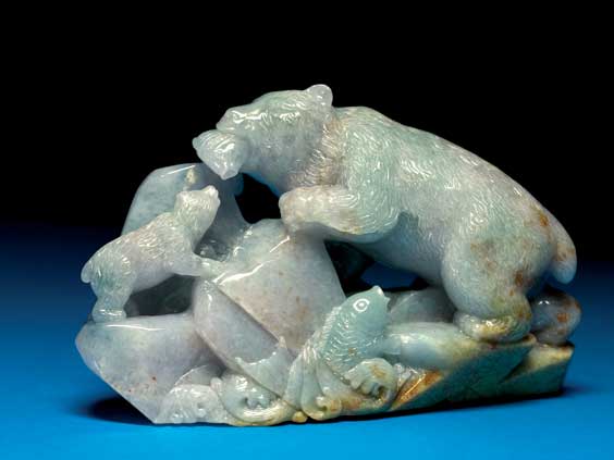 Appraisal: CARVED JADEITE BEAR GROUP Burmese Jadeite A wonderful specimen of