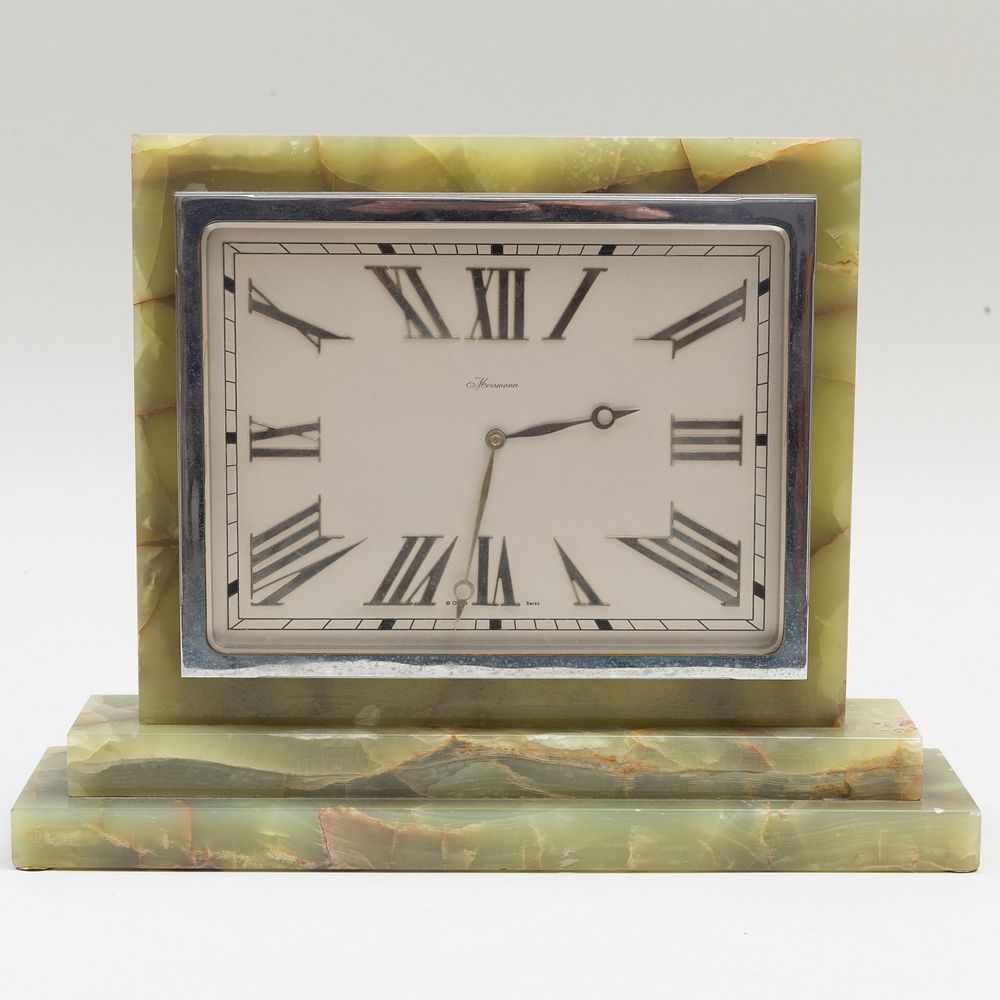 Appraisal: Large Meismann Swiss Art Moderne Onyx and Chrome Clock x