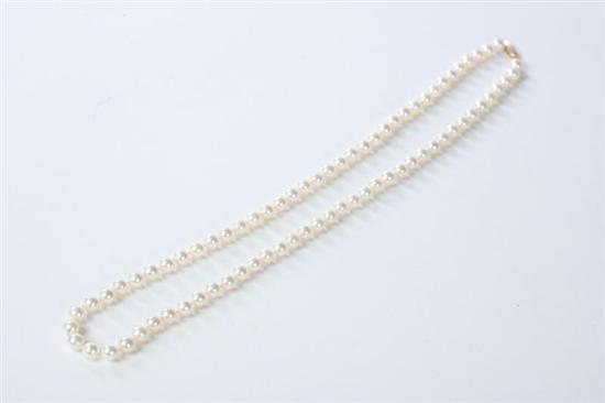 Appraisal: PEARL NECKLACE Single strand with seventy-five cultured pearls ot mm