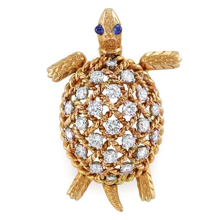 Appraisal: Gold Diamond and Cabochon Sapphire Turtle Clip-Brooch Cartier Estimate -