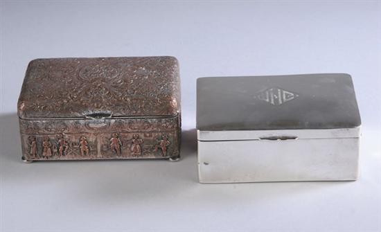 Appraisal: TWO SILVER CIGARETTE BOXES One Dutch silver plated over copper